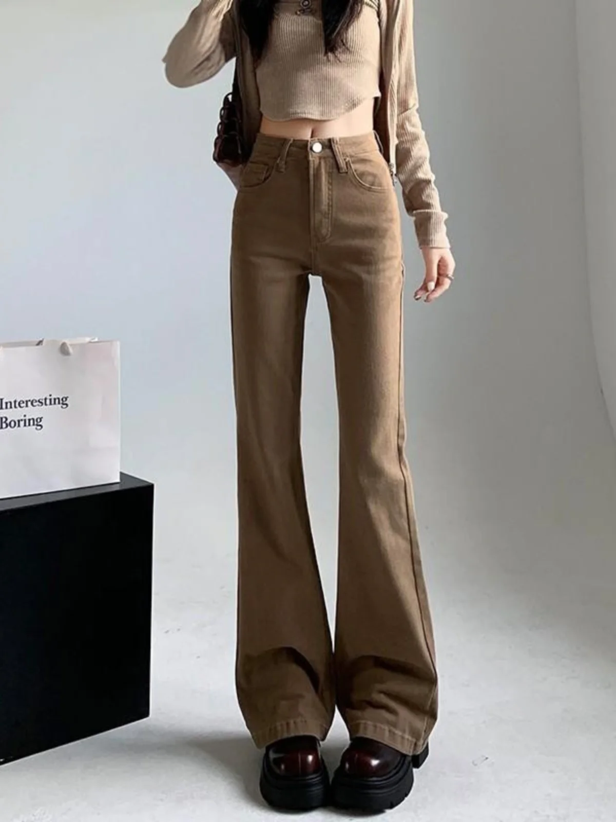 Kaki uitlopende jeans dames hoge taille broek met rechte pijpen Amerikaanse Sle herfst nieuwe collectie afslankbroek voor ort vrouwen