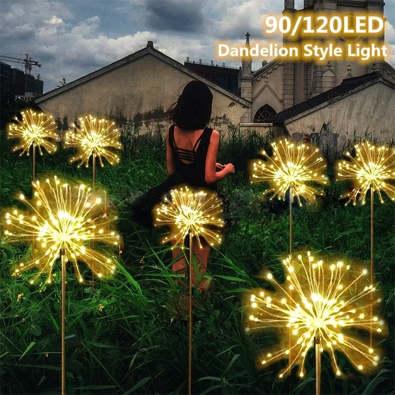 

1PC Solar Fireworks Lamp Outdoor Grass Globe Dandelion Flash String Fairy lights 90 /120/150 LED For Garden Lawn Light