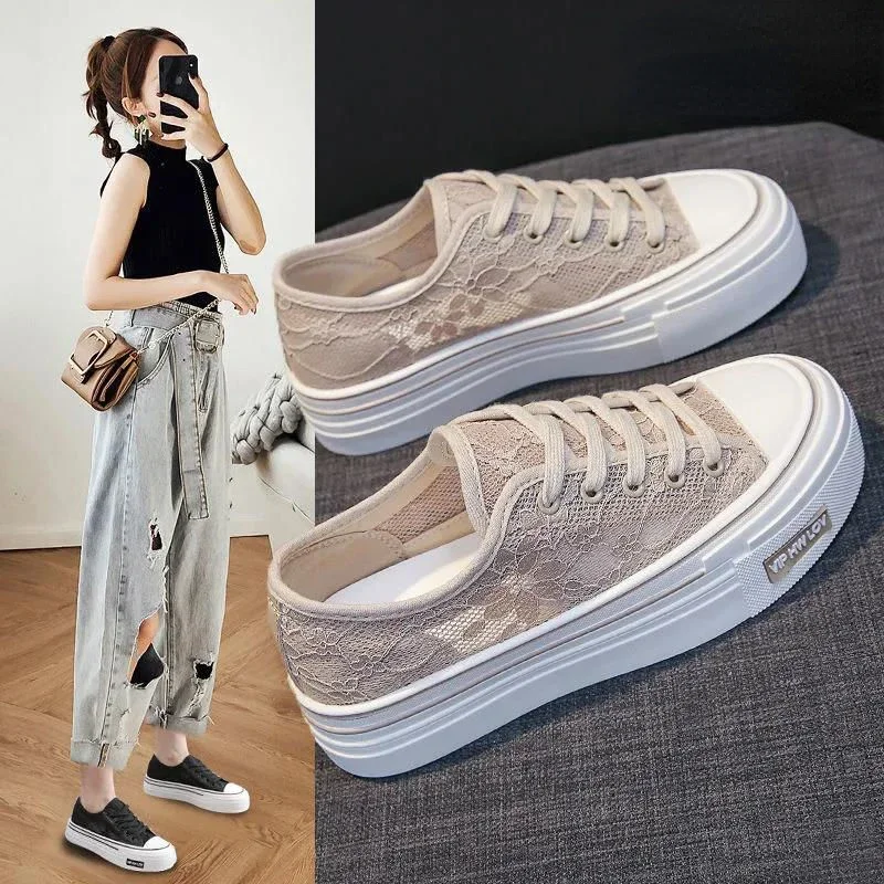 Women Footwear Canvas Ladies Shoes Low Mesh BreathableHigh on Platform Designer Trends 2024 New in Fashion Arrival Casual Urban