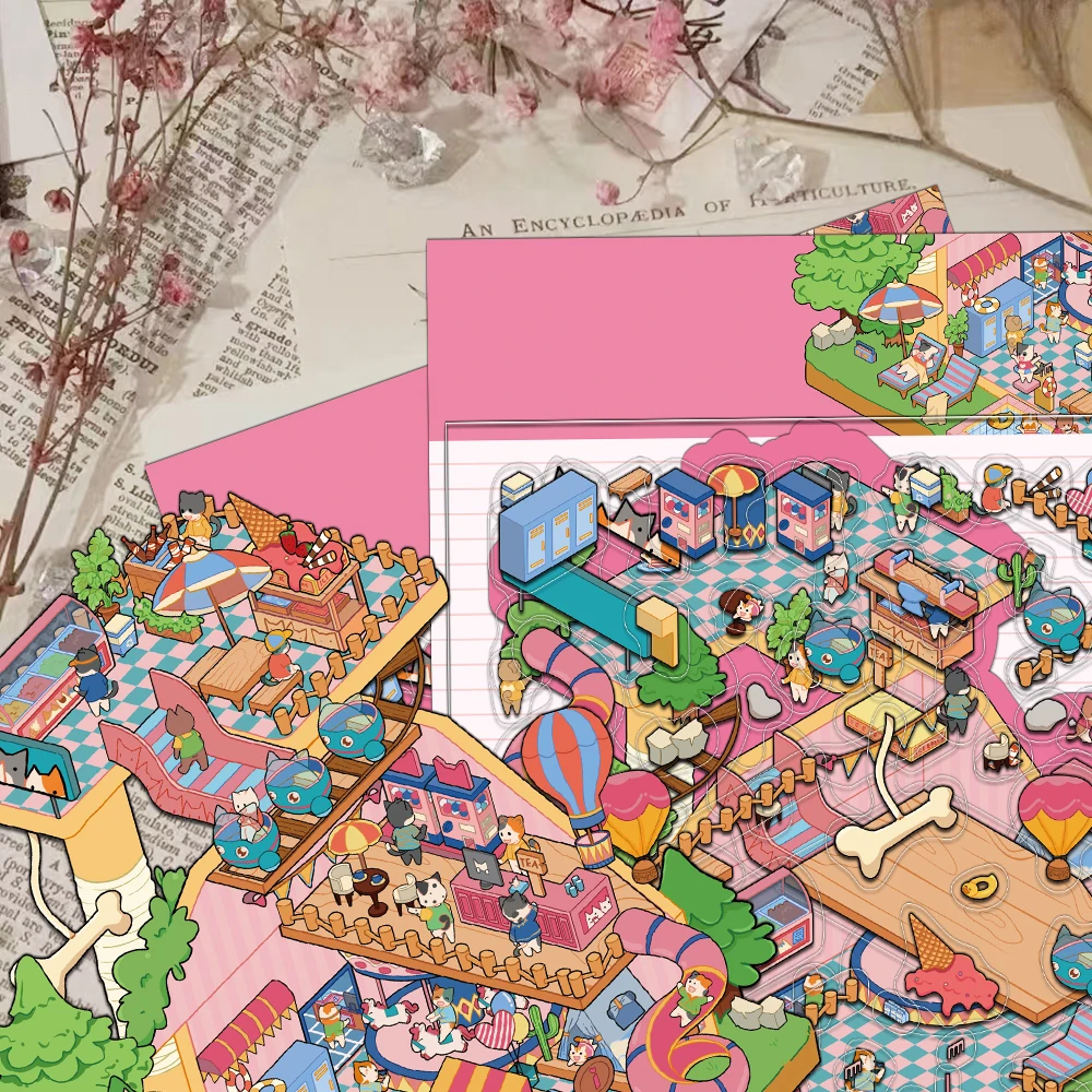 3PCS Creative Mini Shrink World Cat and Dog Park Landscape DIY Niche Decompression PET Transparent Material Stickers