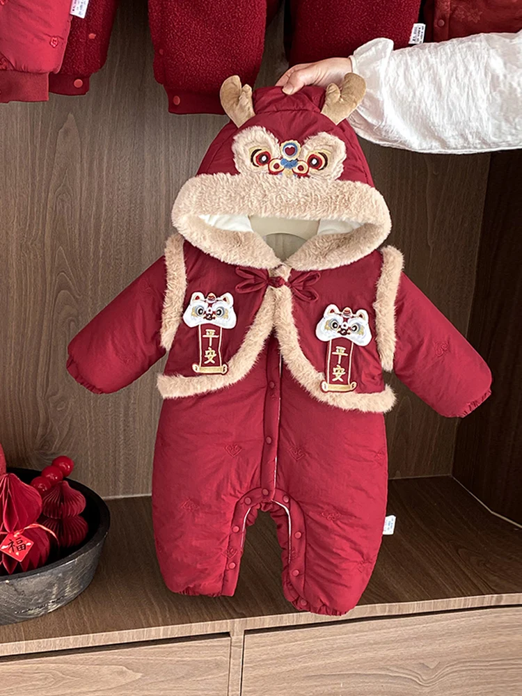 

Зимняя детская новогодняя одежда с хлопковой подкладкой, шляпа Rer с капюшоном в Корейском стиле, Thiened Long Sve, средней длины с мультяшным принтом