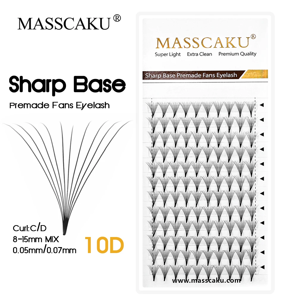 12 Rows MASSCAKU 6D/8D/10D C D Curl Handmade Waterproof Matte Black Thin Pointy Sharp Base Eyelashes Natural Narrow Stem Lash