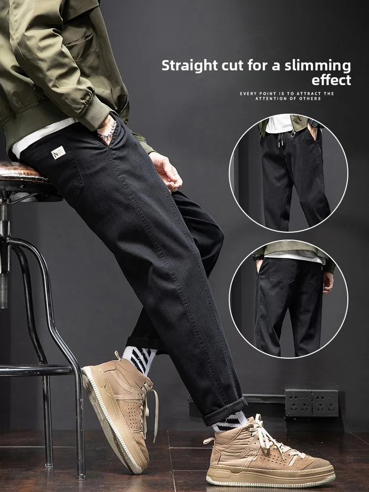 

Повседневные брюки прямого кроя с завязками на талии для мужчин: комфортные, свободные, с высокой талией, из смесового хлопка и полиэстера, осенне-зимние, модные, брендовые