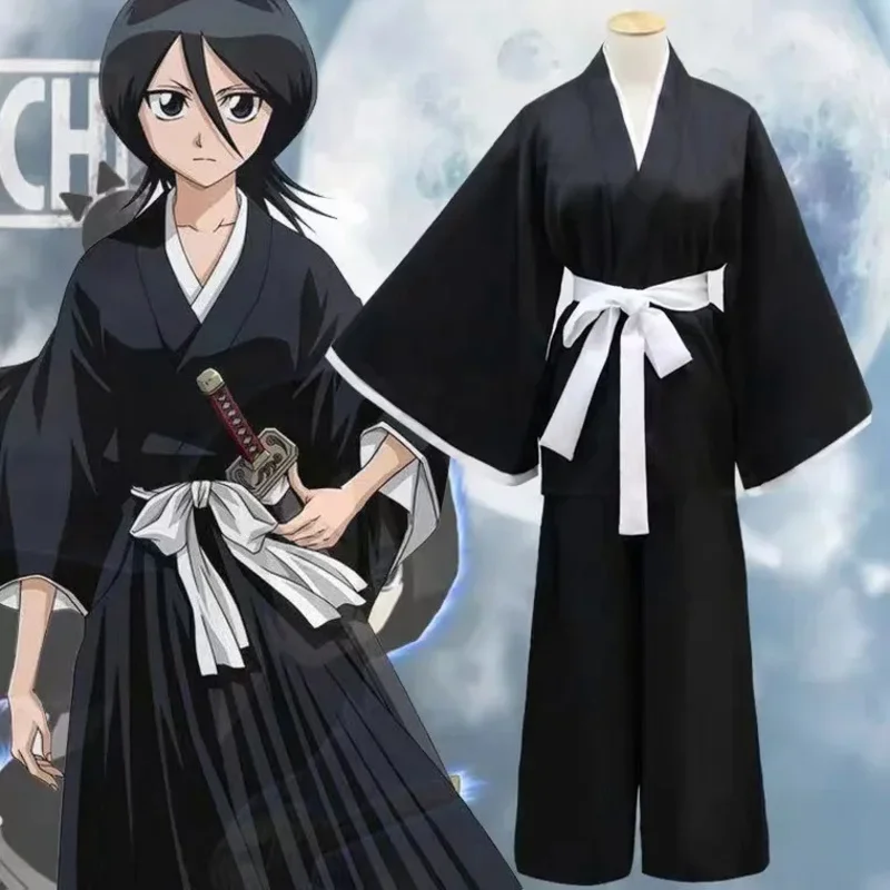 Cosplay Anime Bleach Kuchiki Rukia Kurosaki Ichigo Costume Black Robe Outfit Thousand-Year Blood War Samurai Uniform