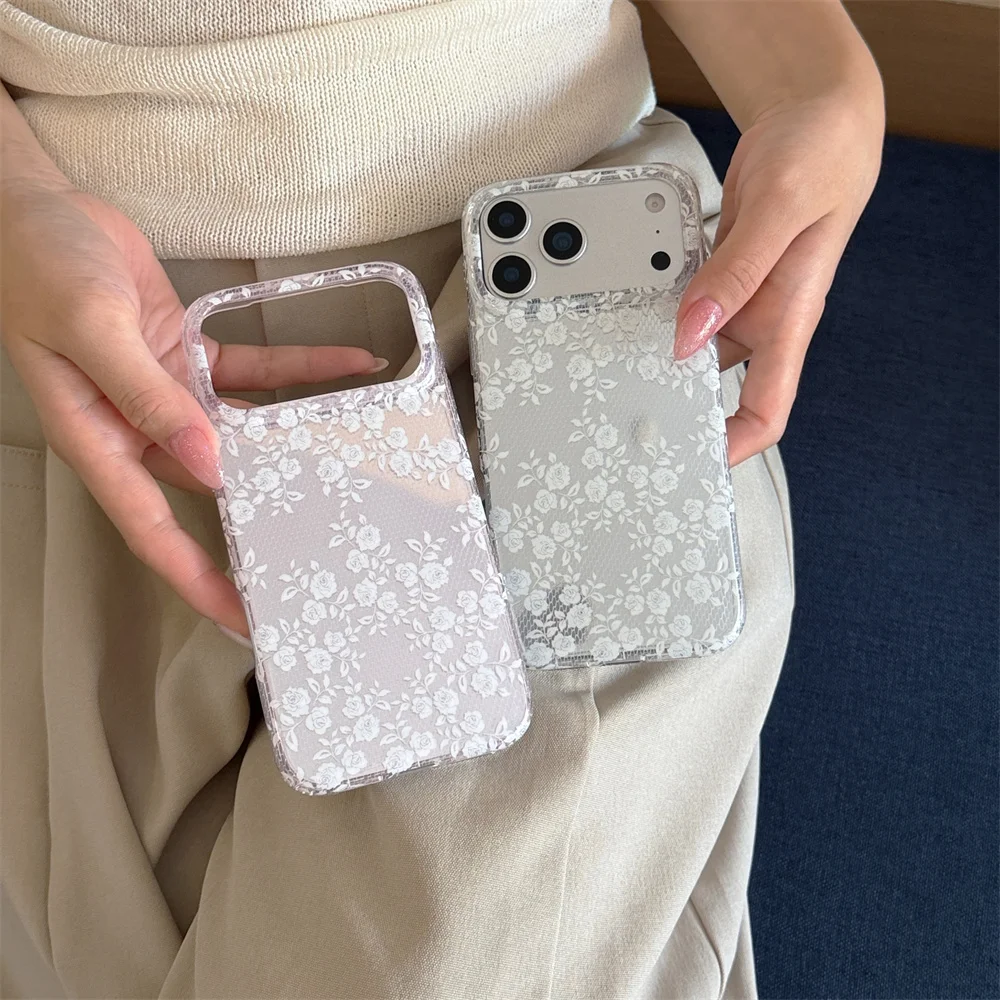 Vintage White Lace Floral Phone Case For iPhone 15 16 17 Pro Max Transparent Rose Pattern Shockproof Girly Protective Cover