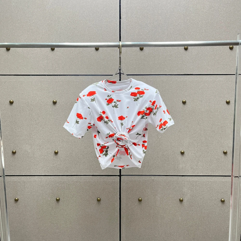 

Floral Printed Cotton Blend Women's T-Shirt Y2k Handmade Flower Decorated Short Sleeve Round Neck Tees Top 2025 Summer New