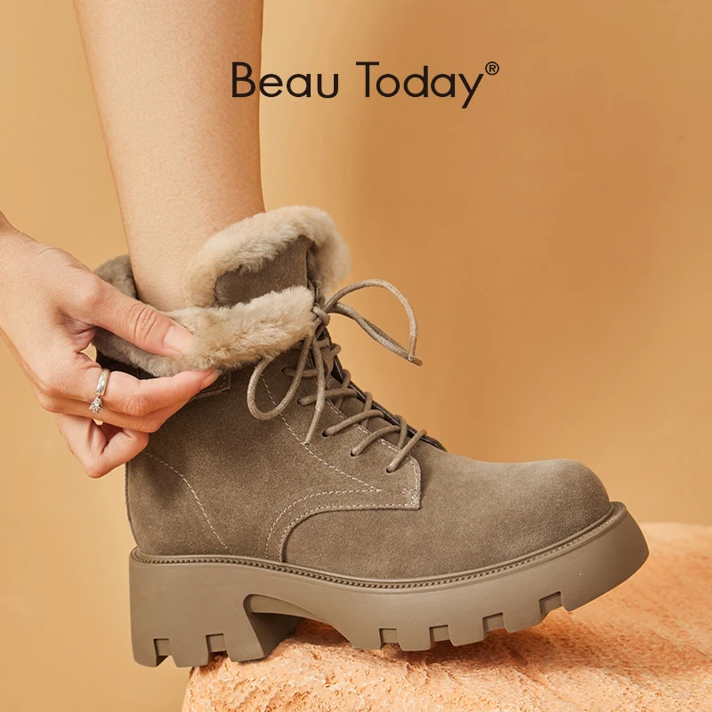 BeauToday stivali in pelle invernale donna pelle scamosciata di mucca punta tonda suola spessa cerniera laterale scarpe con plateau da donna in