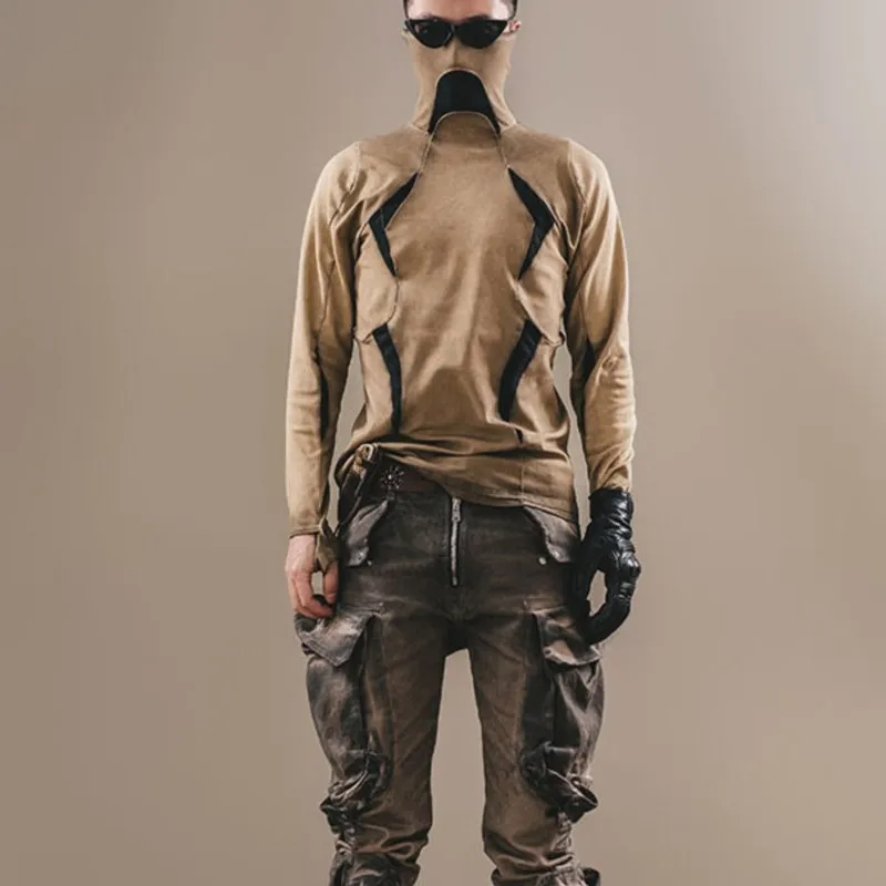 

Avant-Garde Dark Wear Techwear Wasteland Style Distressed Wash Slim Elastic Geometric Turtleneck Mask Long Sleeve T-shirt