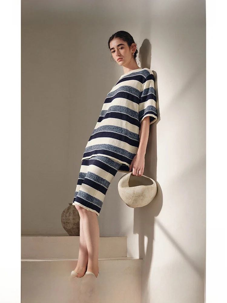 

Casual Linen Cotton Striped Knitted T-Shirt Women's Summer Loose Fit V-Neck Short Sleeve Casual Travel Essential Miu Series