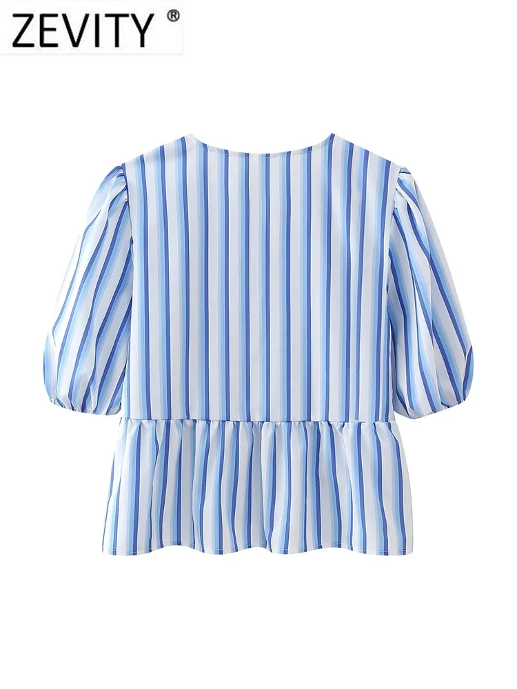 Zevity Women Sweet O Neck Pleat Puff Sleeve Striped Print Blouse Female Chic Bow Tied Lace Casual Ruffle Shirt Blusas Tops LS304