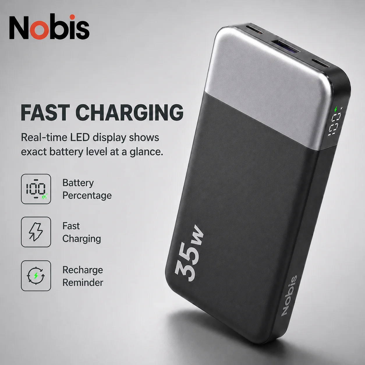 Nobis Power Bank 10000mAh 35W Chargeur Externe Ultra Fin 16.5mm, 2 USB-C Bidirectionnels + 1 USB-A, Batterie Externe Rapide PD 3.0, Voyage Portable Compact avec Écran LED, Certifié CCC/3C, Mini Mobile