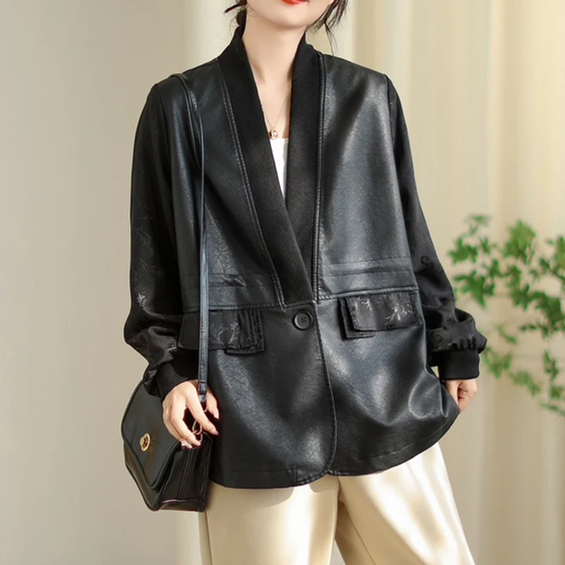 Masss wasss 2025 outono feminino lazer clássico impresso solto blusões das mulheres do vintage jaquetas do plutônio moda casacos de couro falso