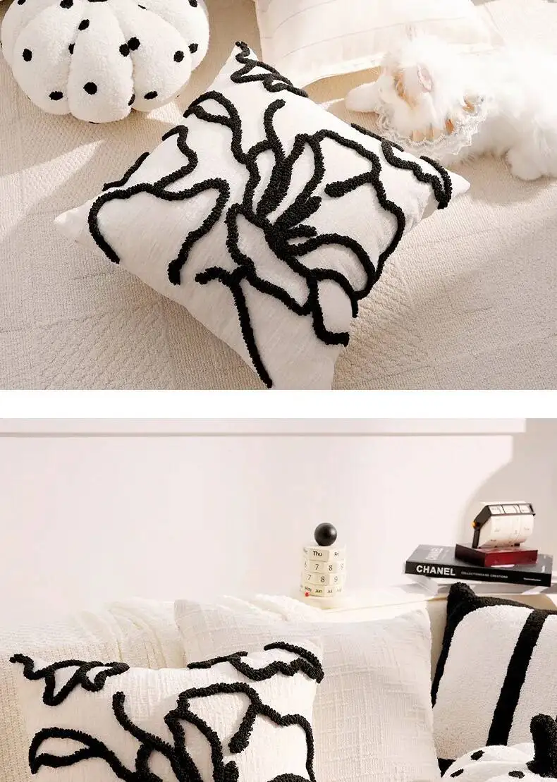Luxuriöser französischer Stil Schwarz-Weiß Dekokissenbezug Chenille Boho Weiche Moderne Kissenhüllen für Sofa- und Bettdekoration – Detail 12