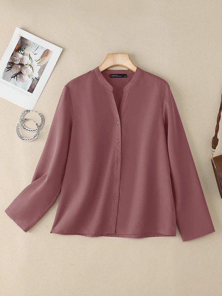 ZANZEA 2025 قميص الخريف موضة المرأة الخامس الرقبة طويلة الأكمام بلايز أنيقة الصلبة OL العمل بلوزة أزرار غير رسمية حتى Blusas تونك فام #5