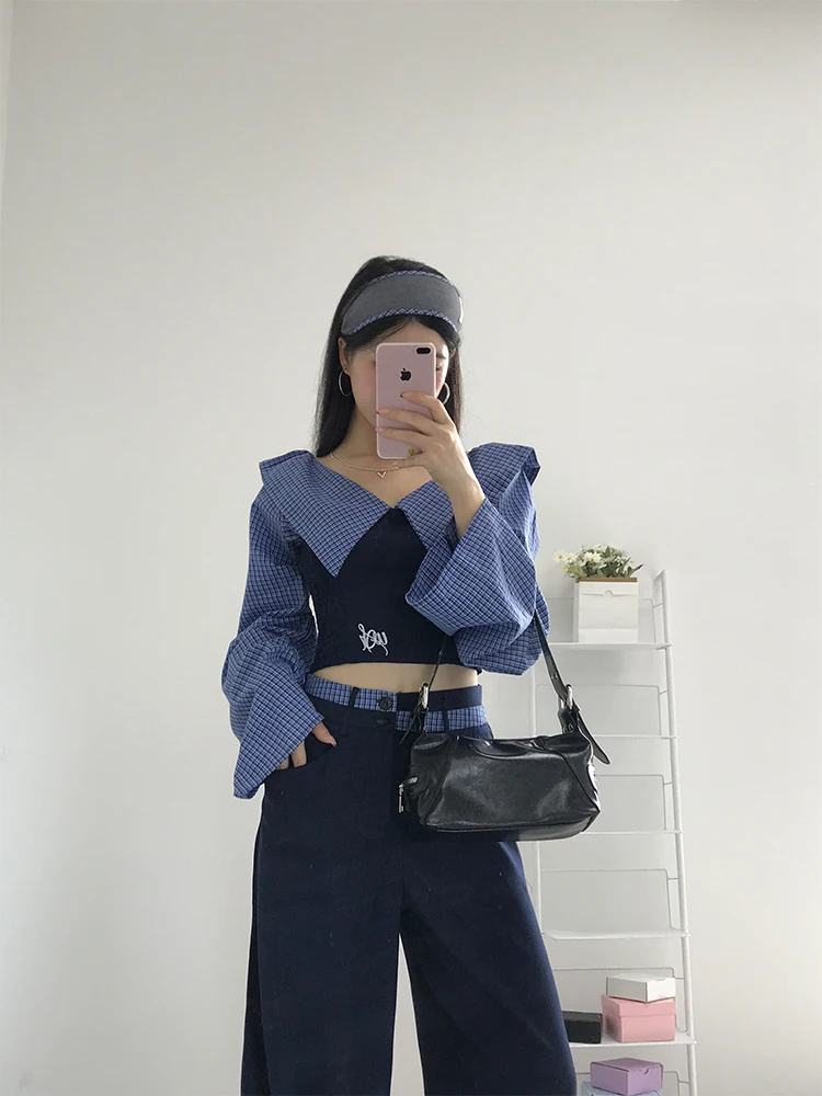 Korean College Sle Striped Patchwork Long Sve irt Women's High Waist Slimming Wide Leg Pants Faion Set Autumn 2025