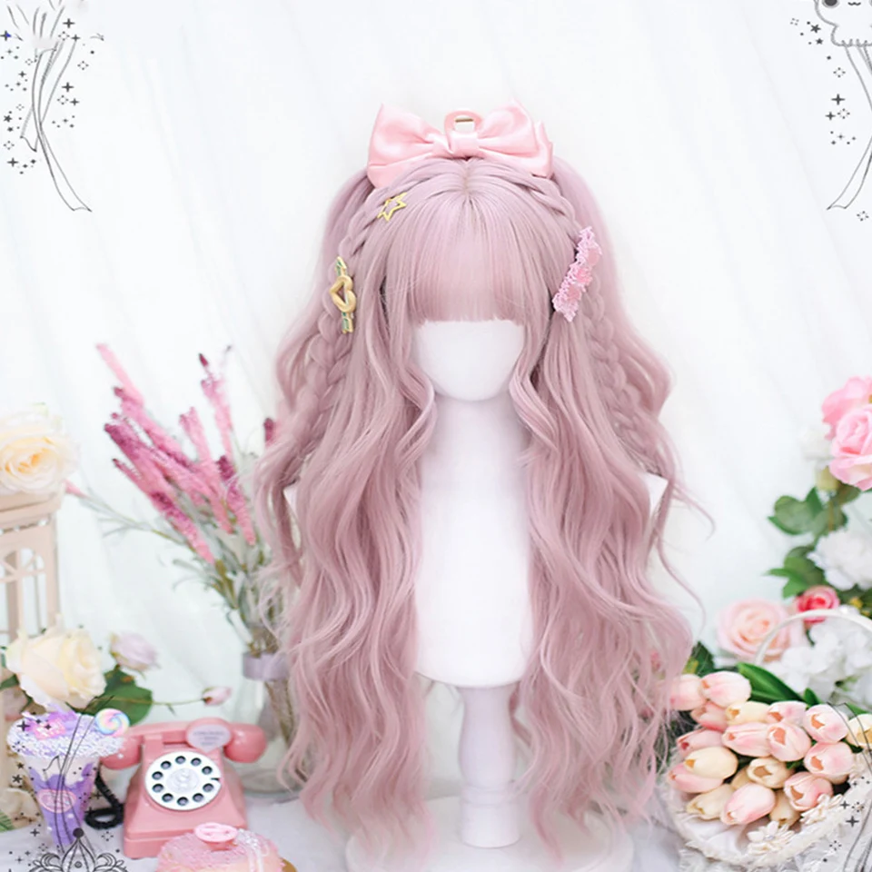 Lange Golvende Krullende Pruiken Synthetische Sakura Roze Pruik Met Pony Cosplay Dagelijkse Partij Pruik Voor Vrouwen Hittebestendig Haar Lolita Pruiken