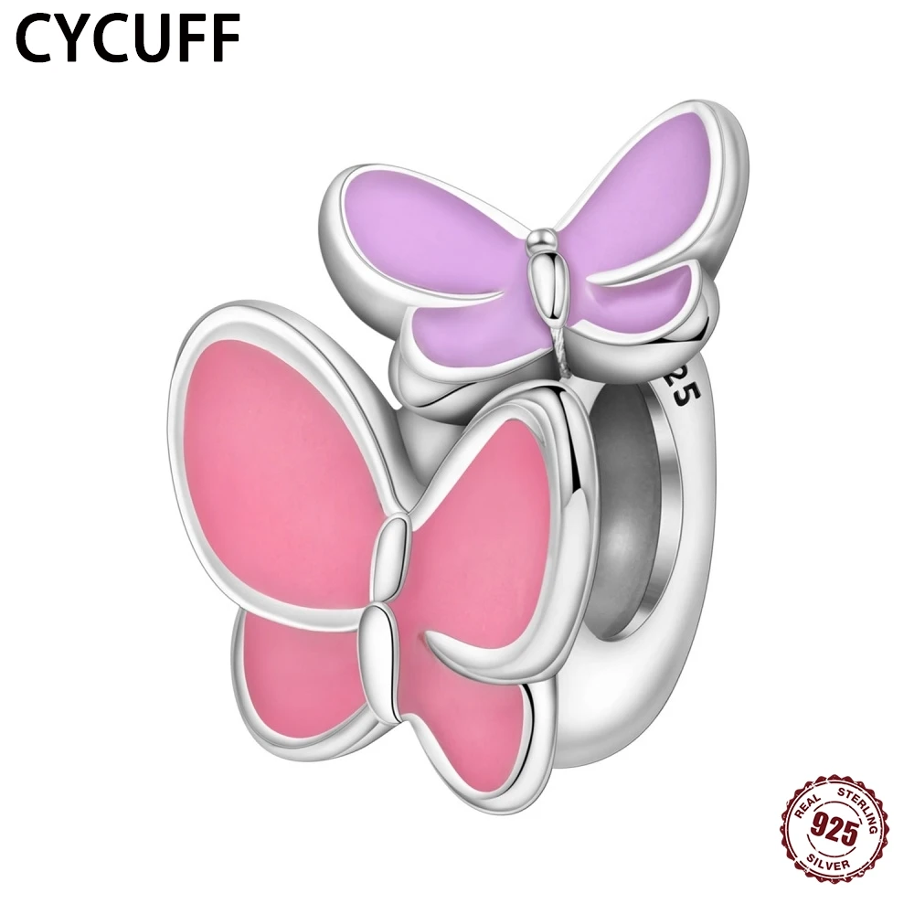 

CYCUFF S925 Silver Pink Butterfly Love Beads Fit Original Bracelet Women Jewelry Fashion Party Birthday Pendant DIY Accessories