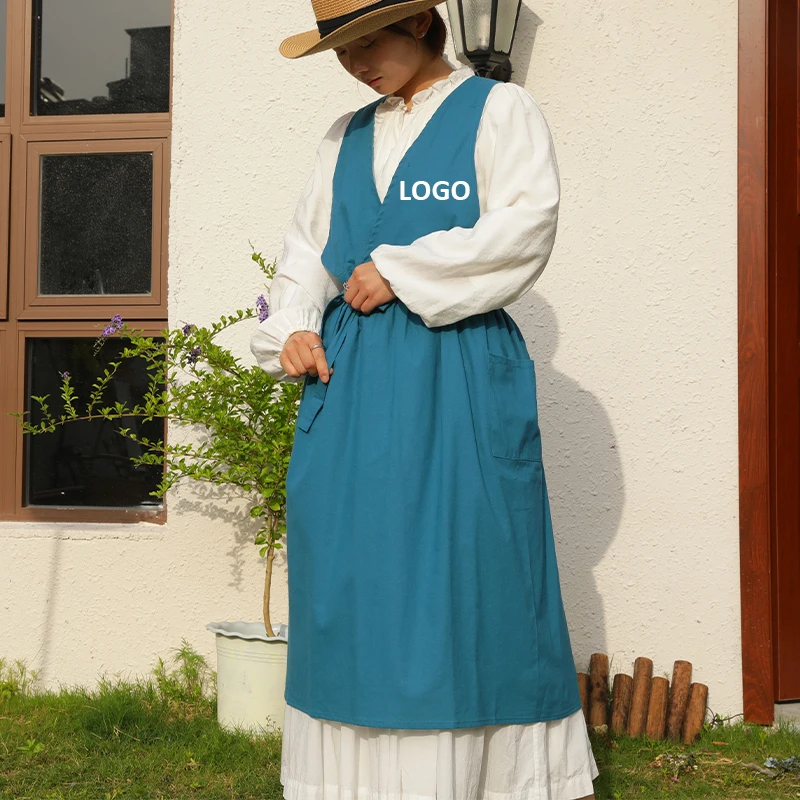 

Klein Blue Water- repellent V-neck Women's Kitchen Apron Loose Cross-back Pleated Apron for Cooking Cleaning Baking Gardening