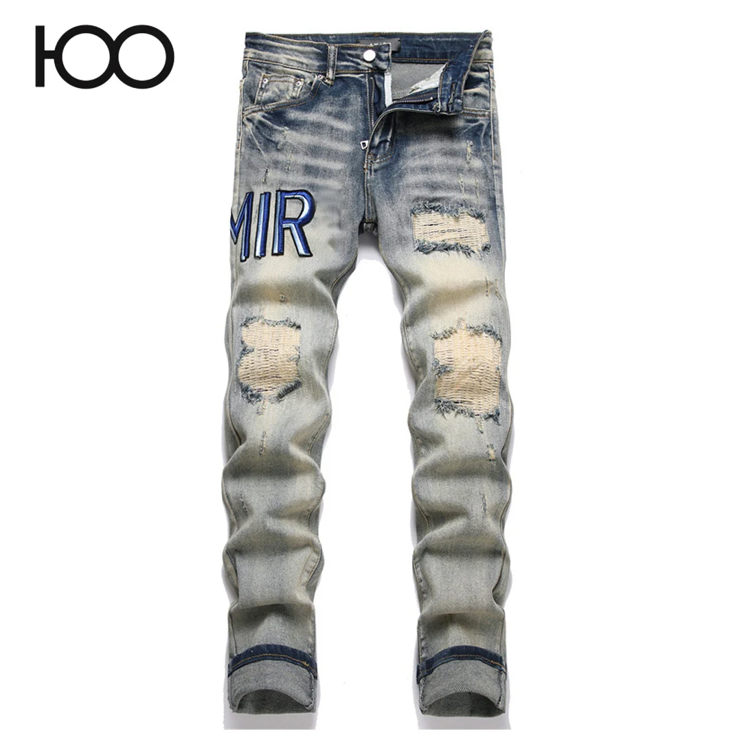 

S3894 100 charareiharper Men's jeans high street blue ripped patch fabric embroidery slim fit elastic small leg men's jeans