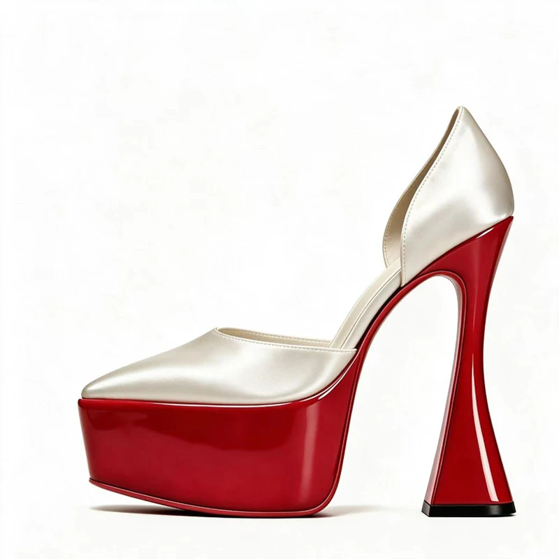 White Satin Red Platform Pointed Toe High Heels Pumps Glossy Chunky Flared Heel Party Wedding Dress Shoes Fashion Sandals