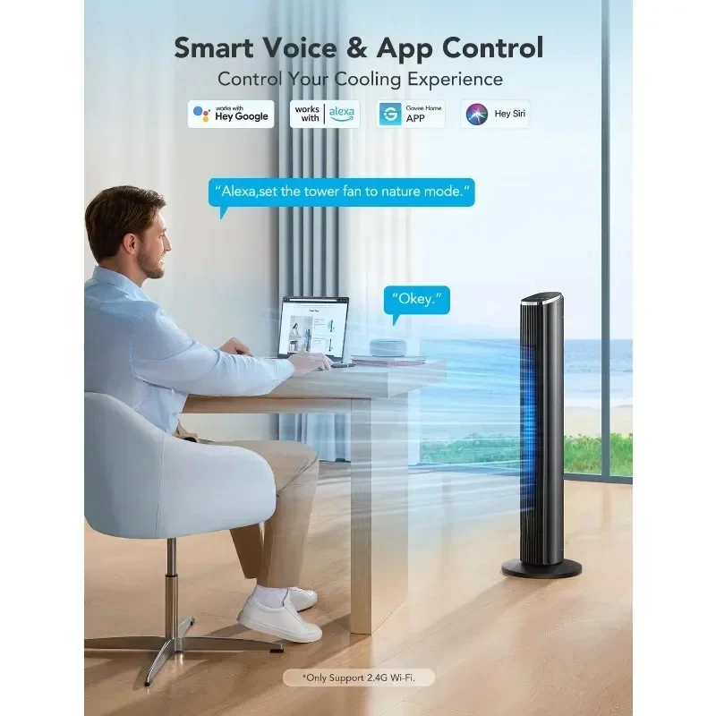 Bedroom Tower Fan Smart Oscillating Floor Fan with Temperature Sensor App and Voice Remote Control