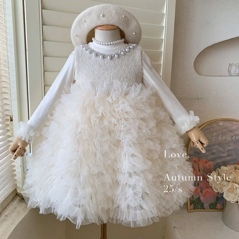 

Girls' Dress Spring and Autumn Children's Formal Dress High-end Birthday Princess Dress Baby Vest Cake Dress Two-piece Set