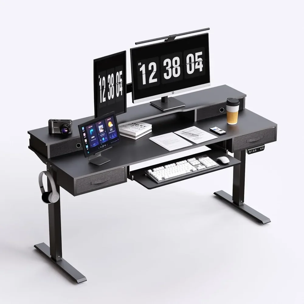 

Electric Standing Desk, Height Adjustable Desk with Monitor Shelf, Sit Stand Table with Drawers, Smart Home Office Gaming Desk