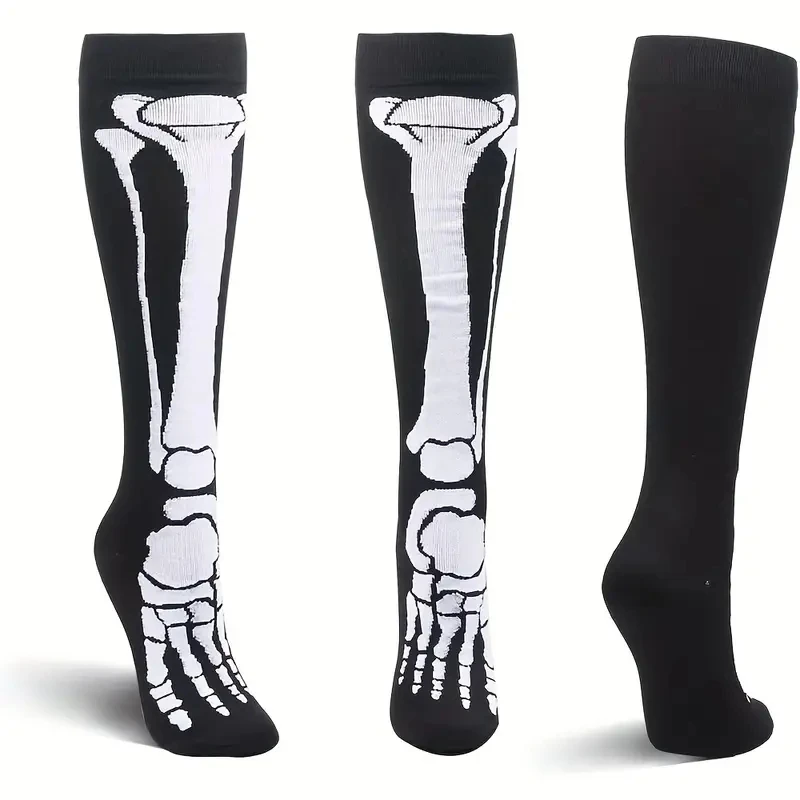 1pair Men\'s Halloween Compression Long Socks, Skull Pattern Socks, Comfy Breathable Casual Socks