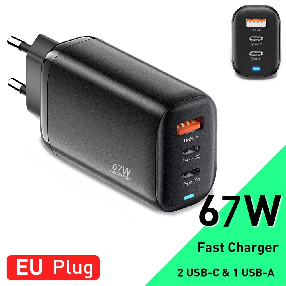 67W Fast Charging 3Port USB C Type Wall Charger Block PD QC 3.0 Power Adapter for iPhone 16 15 14 Pro Max iPad AirPods Tablet