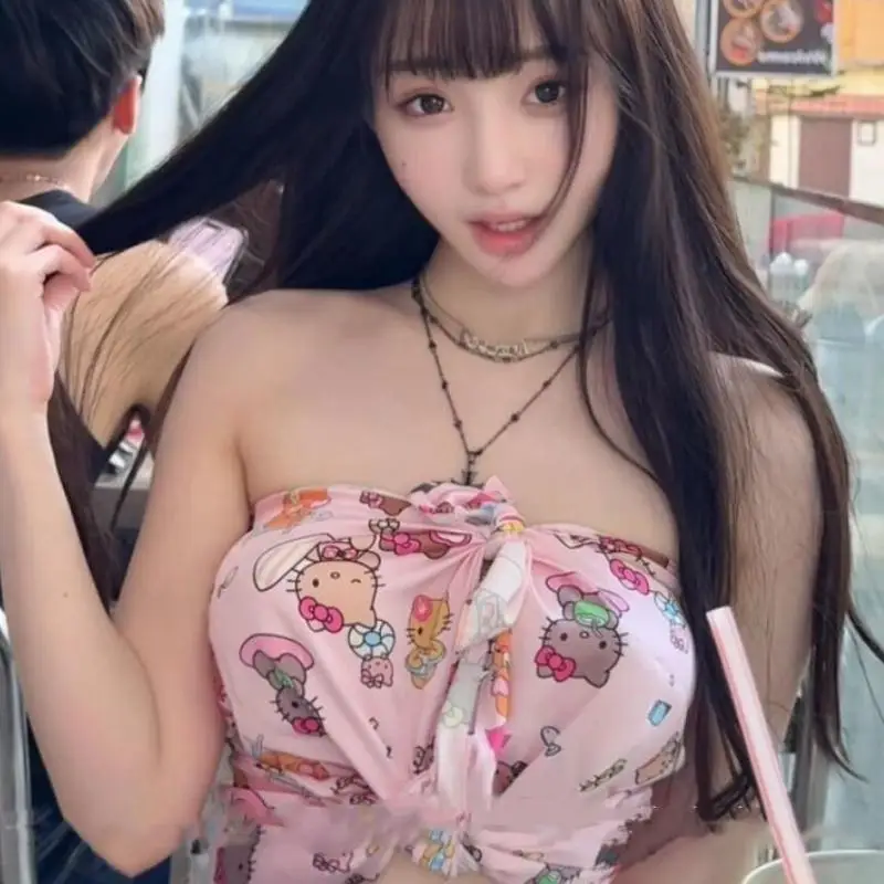 سانريو كيتي الحبيب المرأة أنبوب القمم الرغبة النقية الكرتون مثير طباعة خارج الكتف شاطئ البحر الصيف الساخن الفتيات الساتان الاتجاه