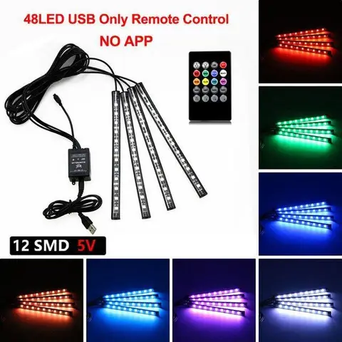 Lámpara decorativa de ambiente automotriz RGB, tira de luces Led para Interior, luces ambientales para pies de coche con cigarrillo USB con voz remota
