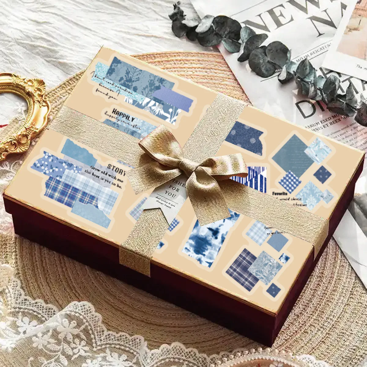 40 stuks blauwe raster stoffen stickers voor scrapbooking, kindercadeauzakjes afdichtingslabels, briefpapierstickers, handgemaakte knutselbenodigdheden