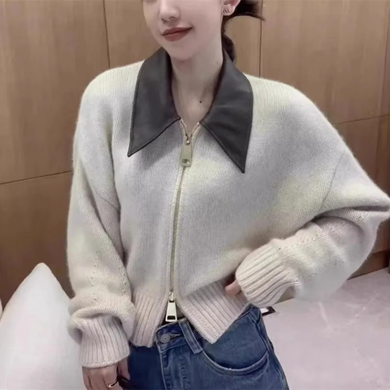 

2025 New Women's Knitted Sweater Cardigan Jacket Leather POLO Collar Double Headed Zipper Jacket CoatSpring Autumn knitwear