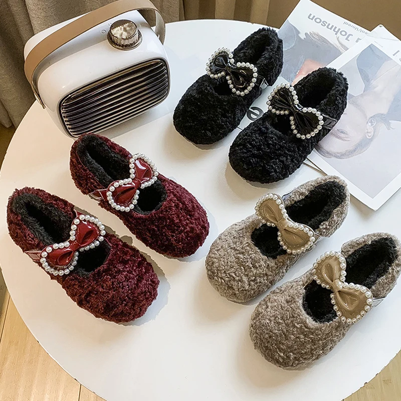 Red Teddy Fur ballerine Kid Girl Warm Thick Plush Mary Janes Child Winter Fluffy Party Princess Shoes con Pearl Bowknot