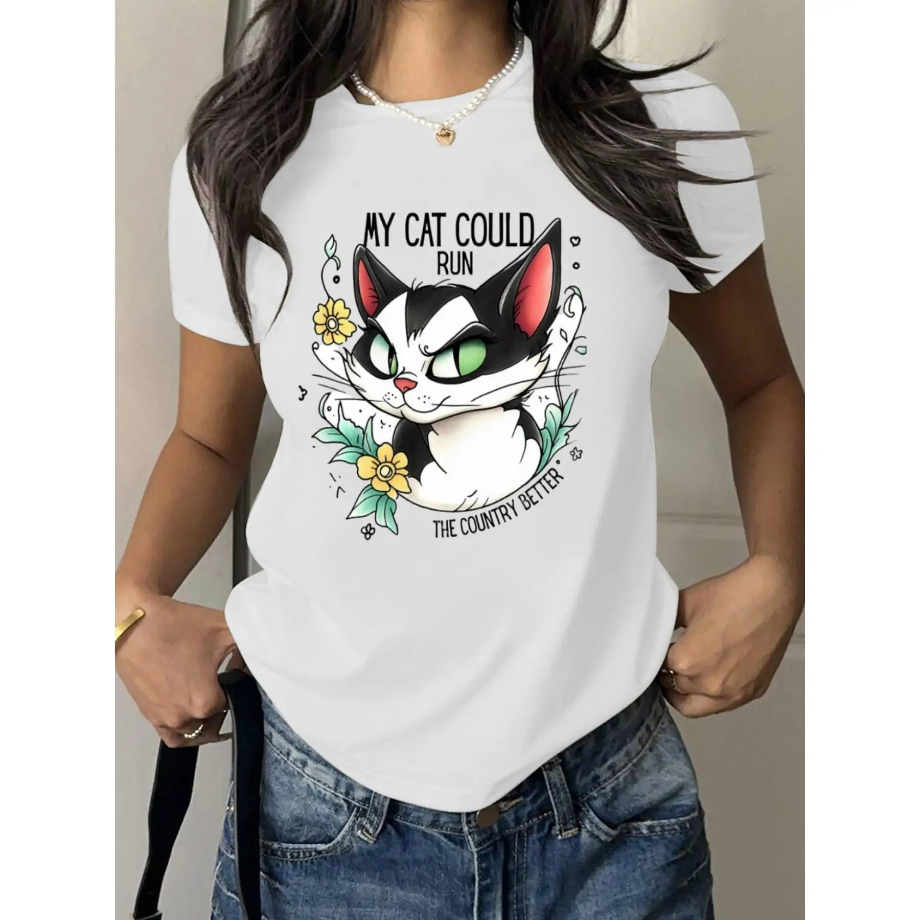 

Funny Cat Graphic T-Shirt Women’s Cute Cartoon Print Cotton Tee for Pet Lovers, Casual Streetwear or Holiday Gift