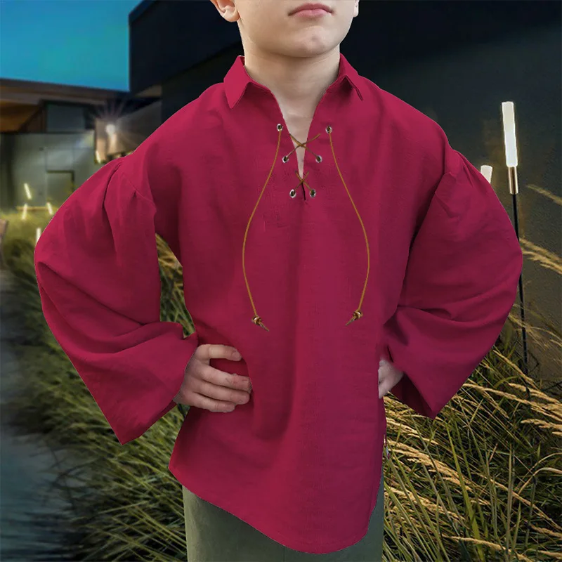 Children Pirate Viking Tops Renaissance Long Sleeve Lace Up Shirt Medieval Drama Cosplay Costume for Kid