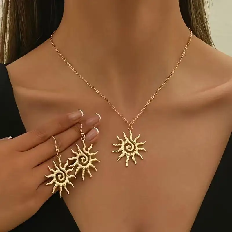 Gold Sun Pendant Necklace Earrings Set Spiral Bohemian Design Fadeless Jewelry for Girls Christmas Gift Daily Outfit Match