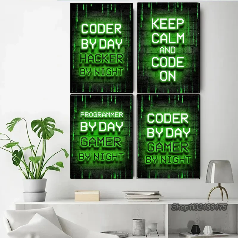 IT Programmer Coder Neon Gamer Day Night Poster Hacker Computer Hacking Wall Art Canvas Painting Print Picture Home Room Decor