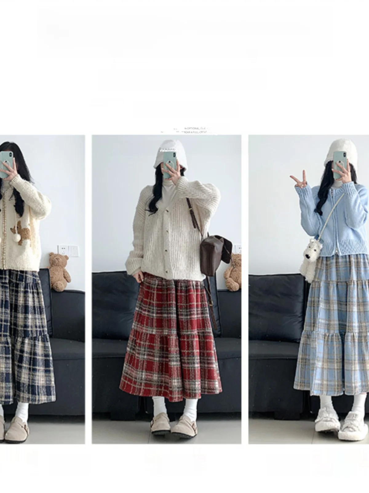 Blue Plaid Woolen Skirt Women's Autumn and Winter Small High Waist A- line Skirt Slimming Big Hemline Plaid Mid-Length Skirts