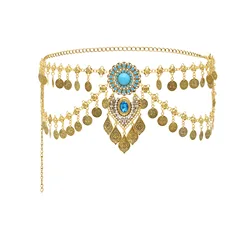 New Bohemian Coin Tassels Faux Turquoise Waist Chain for Women Retro Ethnic Style Alloy Dance Waistband Jewelry