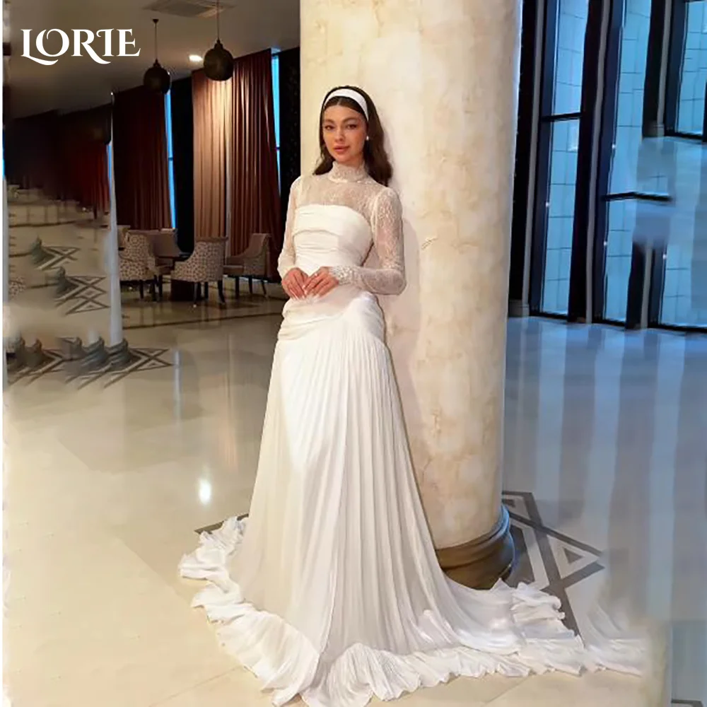 

LORIE Vintage Lace Wedding Dresses High Neck Applique A-Line Bridal Gowns Irregular Neckline Pleats Princess BrideGown customize