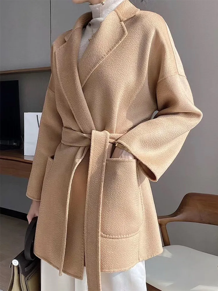 New Women Autumn Winter Wool Water Ripple Coat Short Double-sided Woolen Coats Lapel Pockets Fashion Lace-up Female Colthing