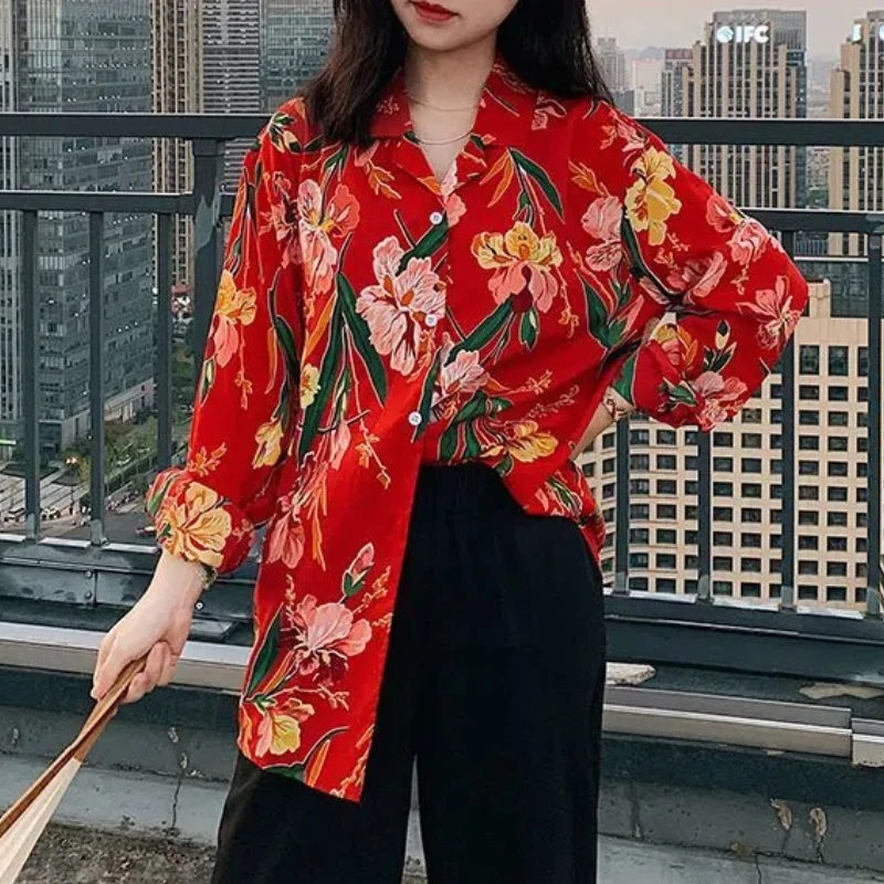 Fashion Casual 2024 Summer New Blouses Women Spliced Printed Plant&Flowers V-Neck Loose Retro Long Sleeve Single-breasted Shirts