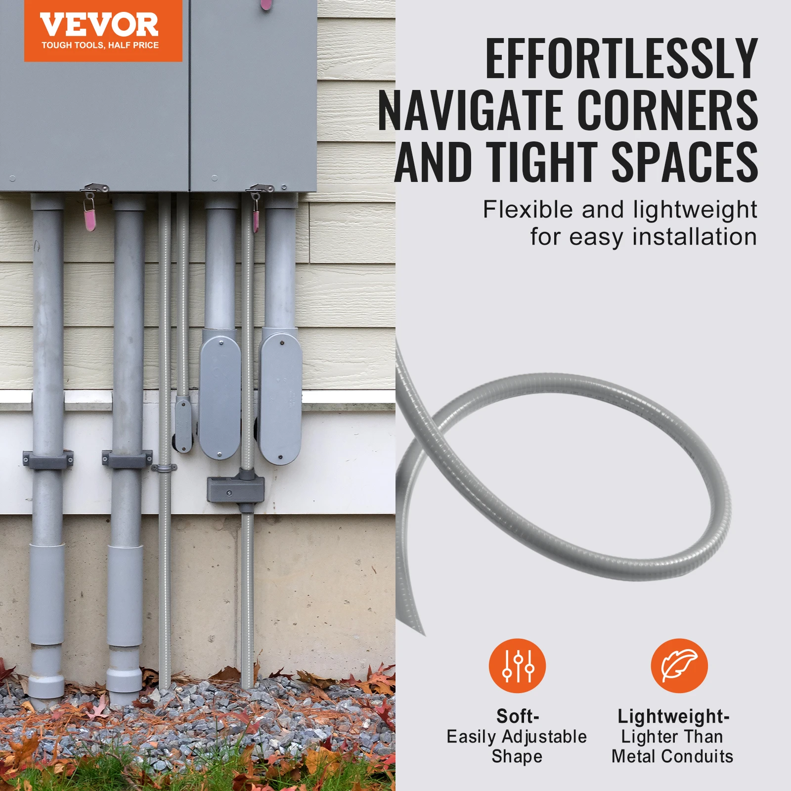 VEVOR PVC Liquid-Tight Electrical Non-Metallic Conduit 100ft with 5 Straight & 5 90-Degree Connector Fittings for Electrical Use