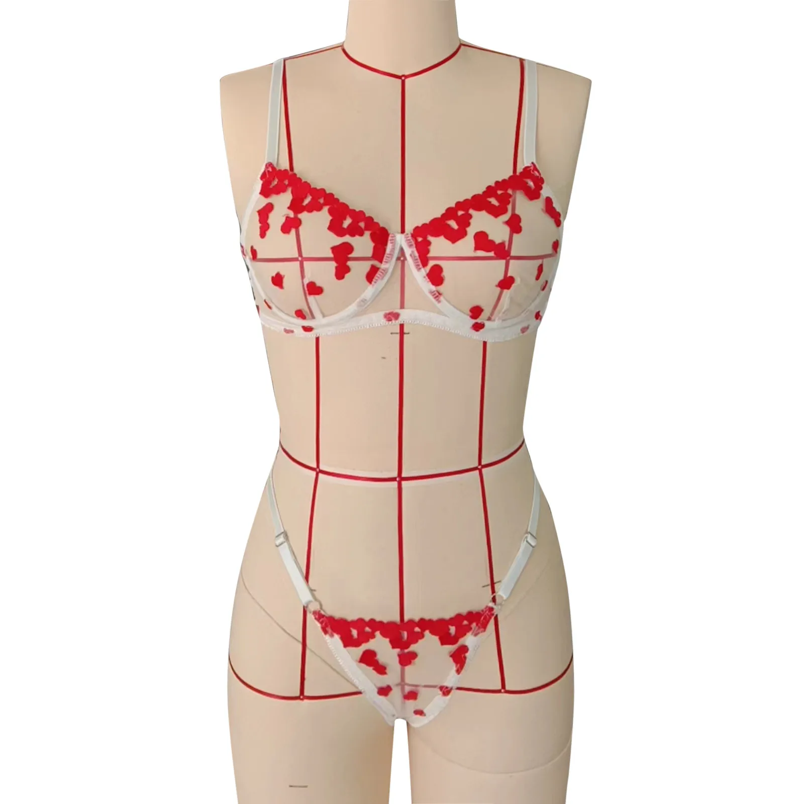 Conjunto de lencería transparente para mujer, ropa interior sin costuras con estampado de corazón de amor, sujetador de realce, Tanga Hipster, lencería Sexy exótica