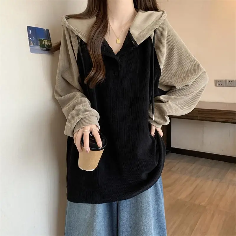 Fashionable Raboss Sleeve Hooded Sweatshirt  Women's Trendy Base Shirt to Make Them Look Slim and Loose and Lazy Top