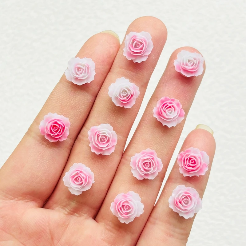 50 Pcs New Cute Mini Cartoon Pink Roses Flower Resin Flatback Ornament Jewelry Making Manicure Hairwear Accessories