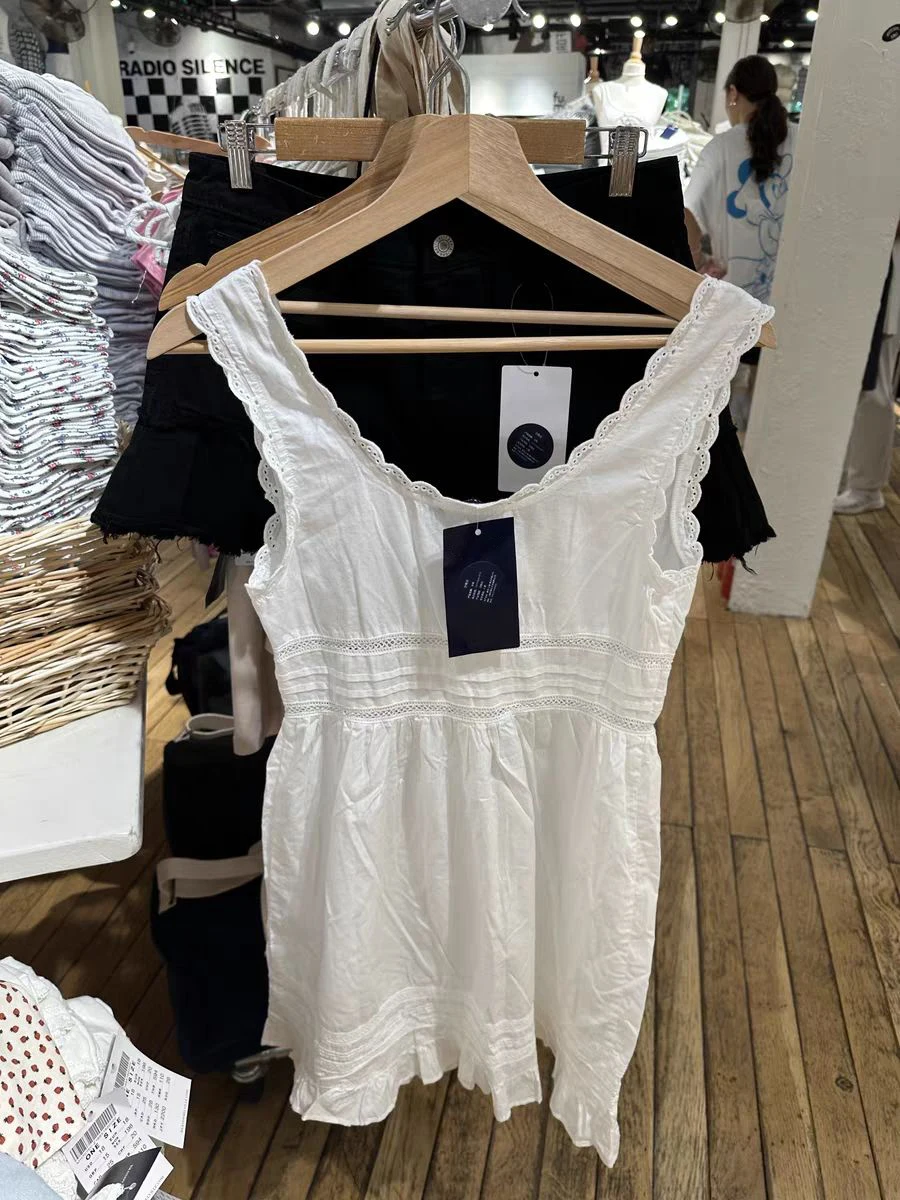 Ruffles feminino vestido com renda, vestido em linha A, algodão, decote em O, sem mangas, botões monocromáticos, mini vestidos doces, branco, verão, Y2K