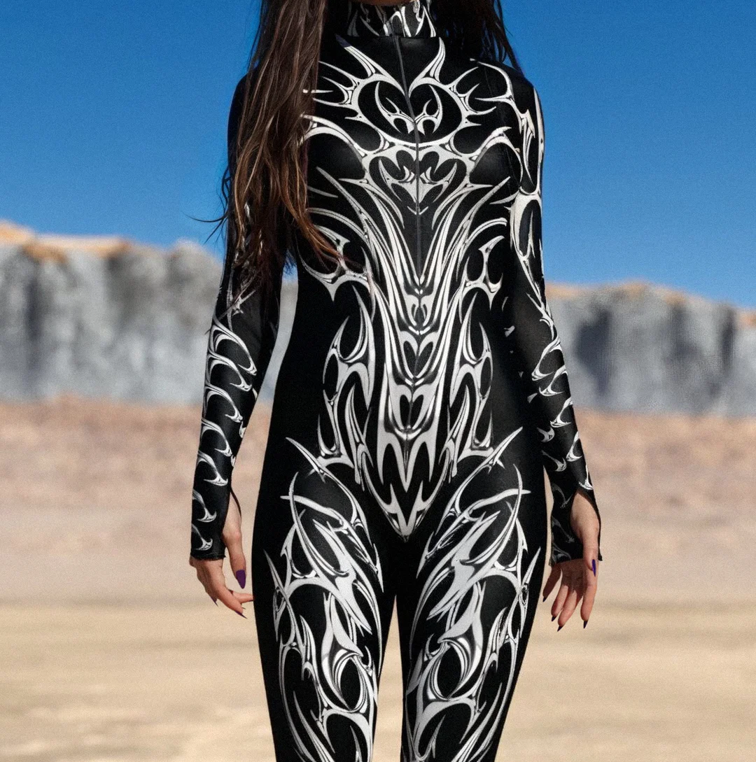 Unisex Gothic Network Jumpsuit Adult Punk Bodysuit Halloween Zentai Suit Festival Party Morphsuit Rave Outfits Aerial Yoga Dress