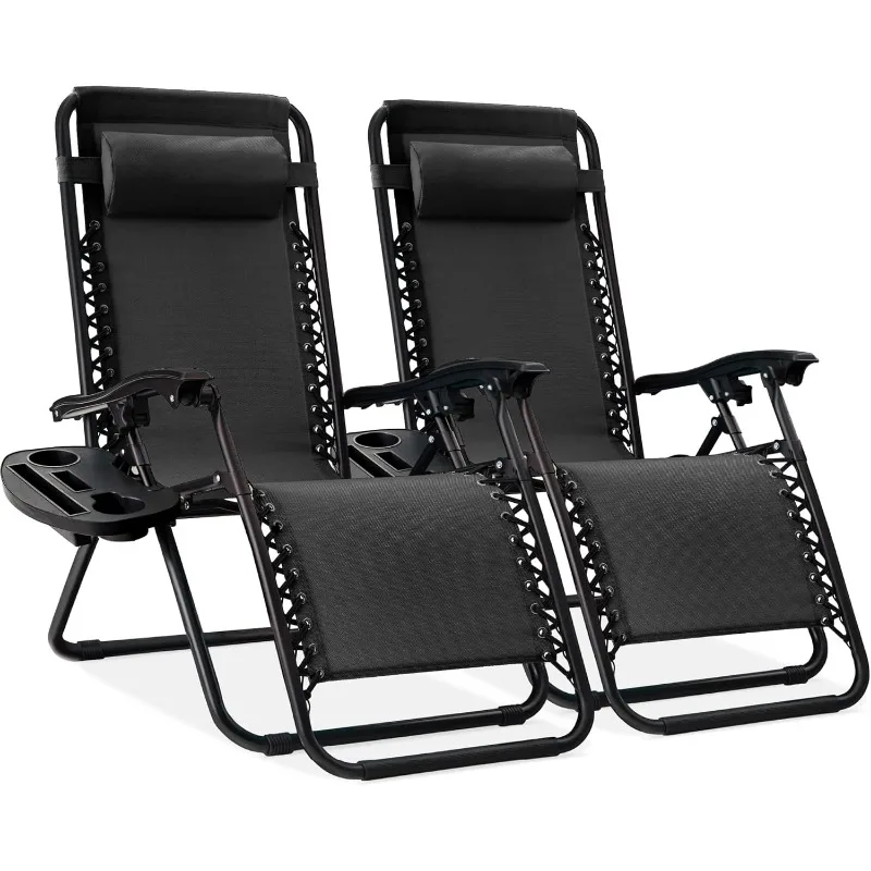 Set of 2 Adjustable Steel Mesh Zero Gravity Lounge Chair Recliners w/Pillows and Cup Holder Trays, Black